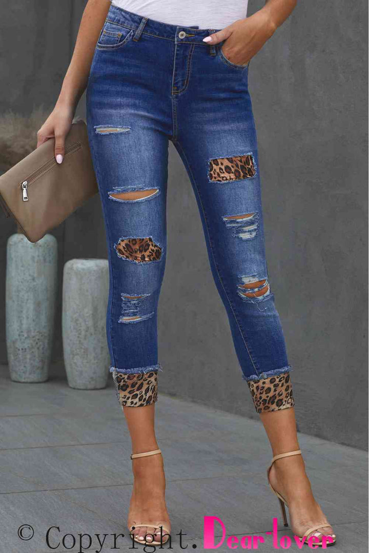 Baeful Leopard Patch Distressed Cropped Jeans | 1mrk.com