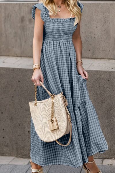 Full Size Smocked Ruffled Plaid Ruffle Hem Dress |1mrk.com