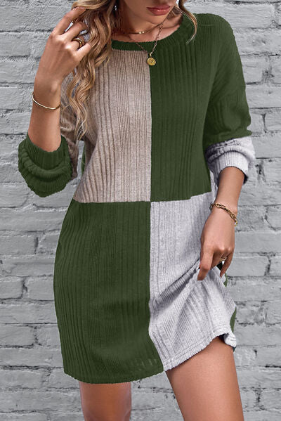 Textured Color Block Round Neck Dress |1mrk.com