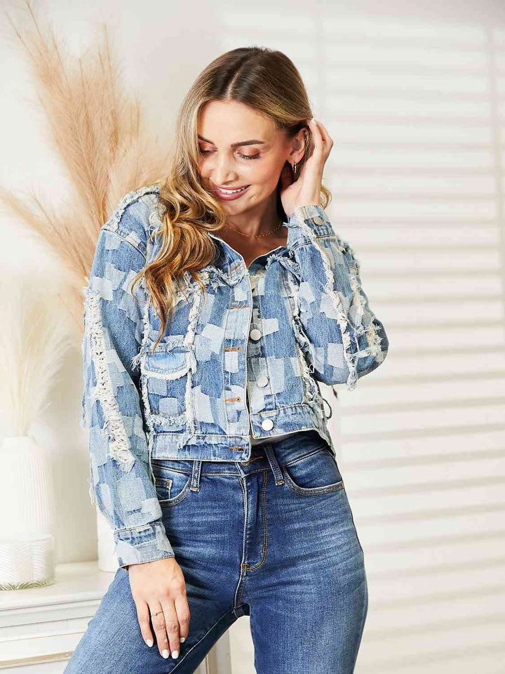 Plaid Raw Hem Dropped Shoulder Denim Jacket | 1mrk.com