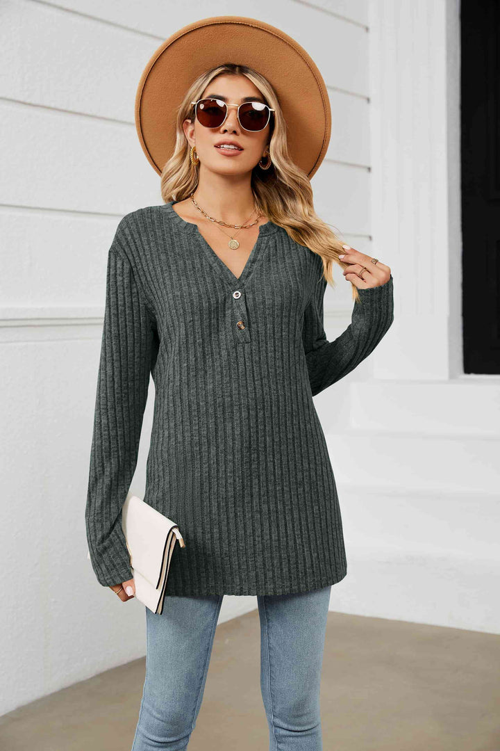 Notched Neck Ribbed Long Sleeve T-Shirt | 1mrk.com