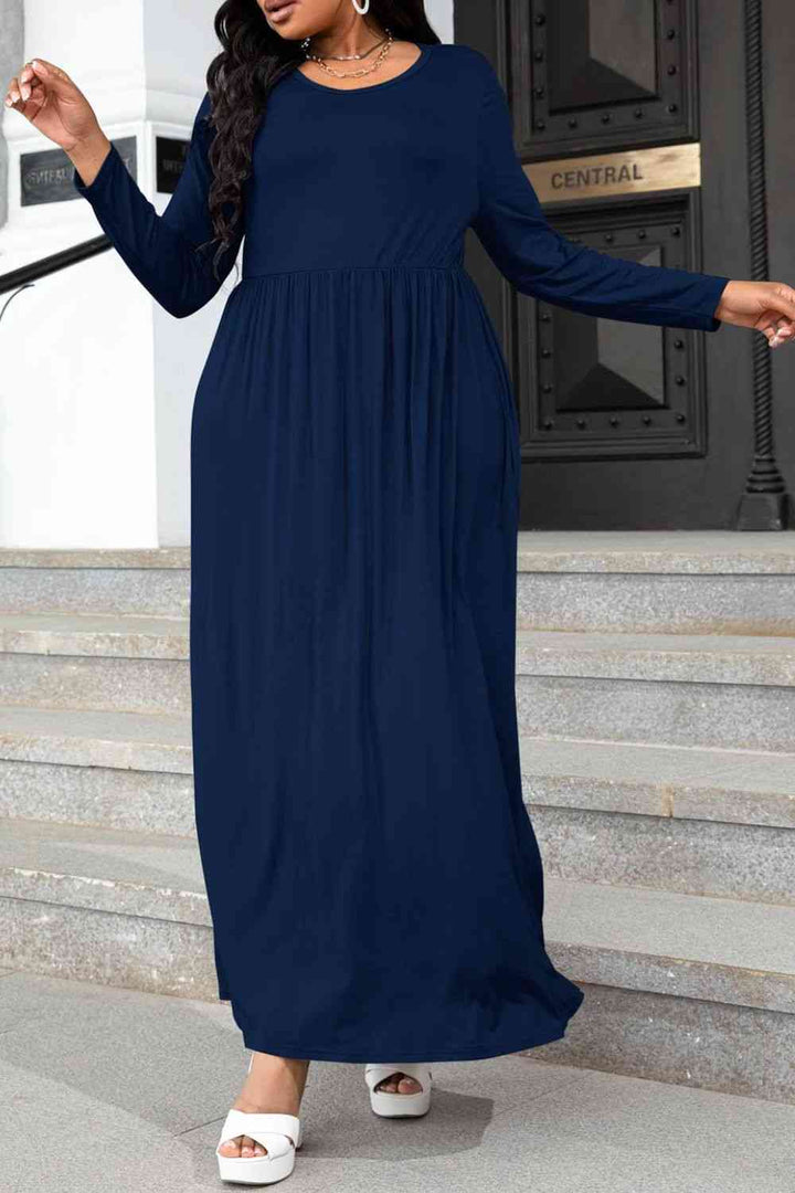 Plus Size Round Neck Long Sleeve Maxi Dress with Pockets |1mrk.com