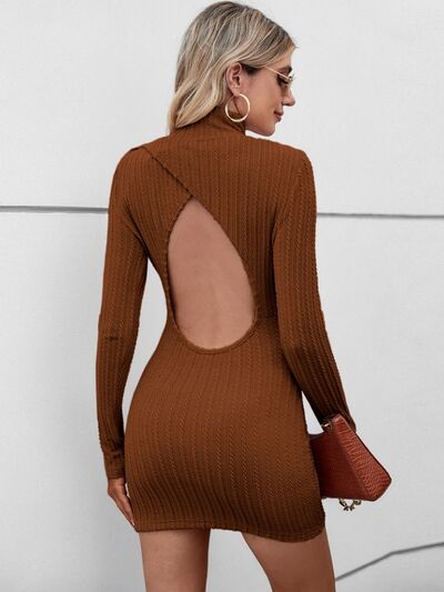 Cutout Mock Neck Long Sleeve Wrap Dress |1mrk.com