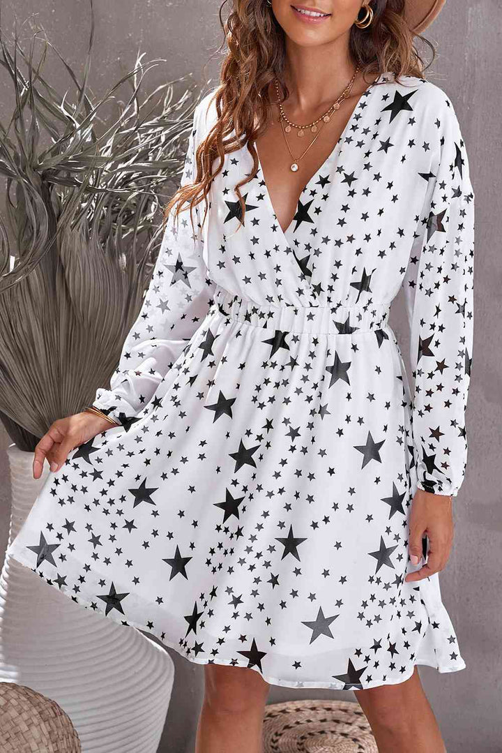 Star Print Dropped Shoulder Surplice Dress | 1mrk.com