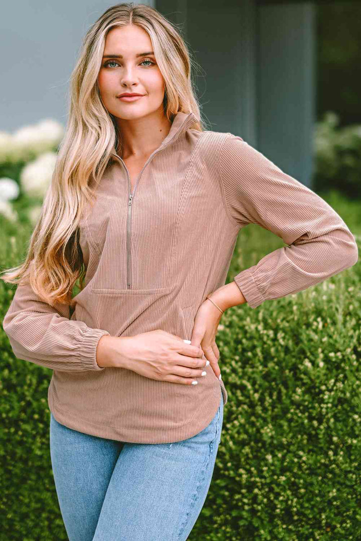 Ribbed Zip-Up Long Sleeve Sweatshirt |1mrk.com