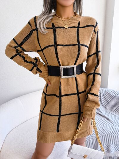 Plaid Round Neck Dropped Shoulder Sweater Dress |1mrk.com