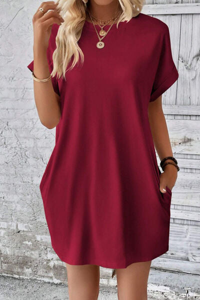 Pocketed Round Neck Short Sleeve Dress |1mrk.com