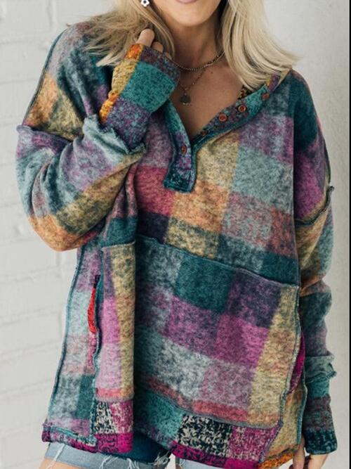 Multicolor Brushed Plaid Buttoned Pullover Oversized Hoodie | 1mrk.com