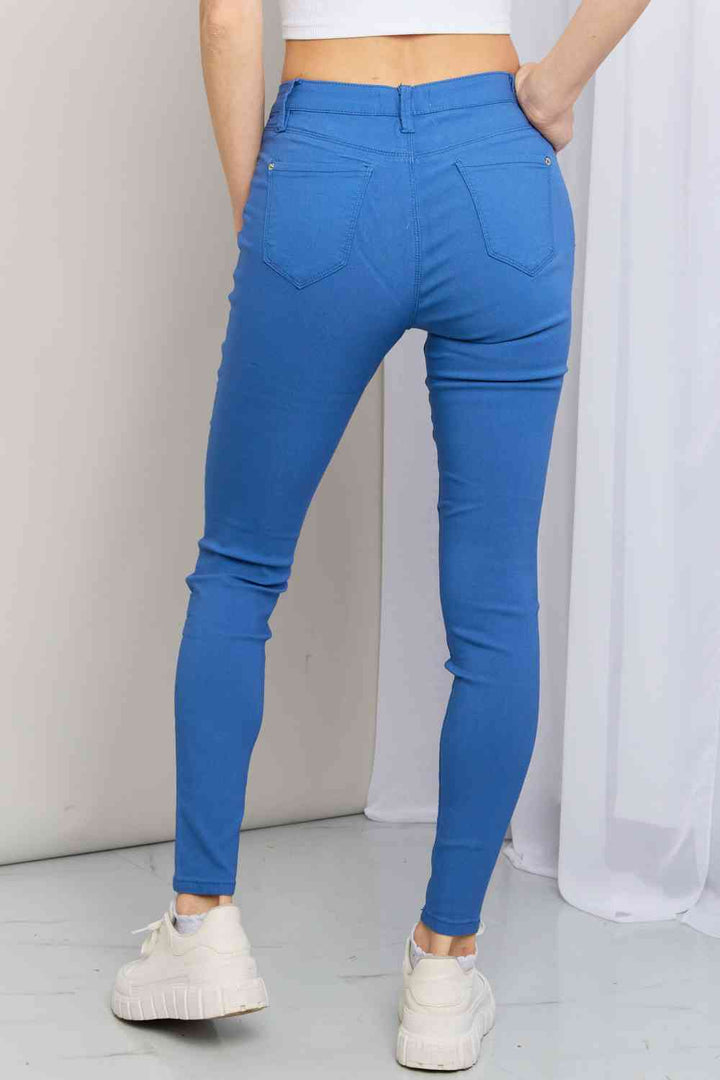 YMI Jeanswear Kate Hyper-Stretch Full Size Mid-Rise Skinny Jeans in Electric Blue | 1mrk.com