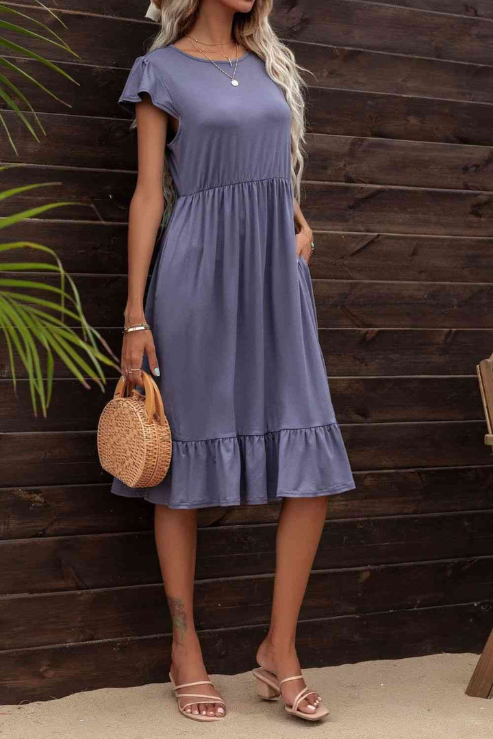 Round Neck Ruffle Hem Pocket Dress |1mrk.com