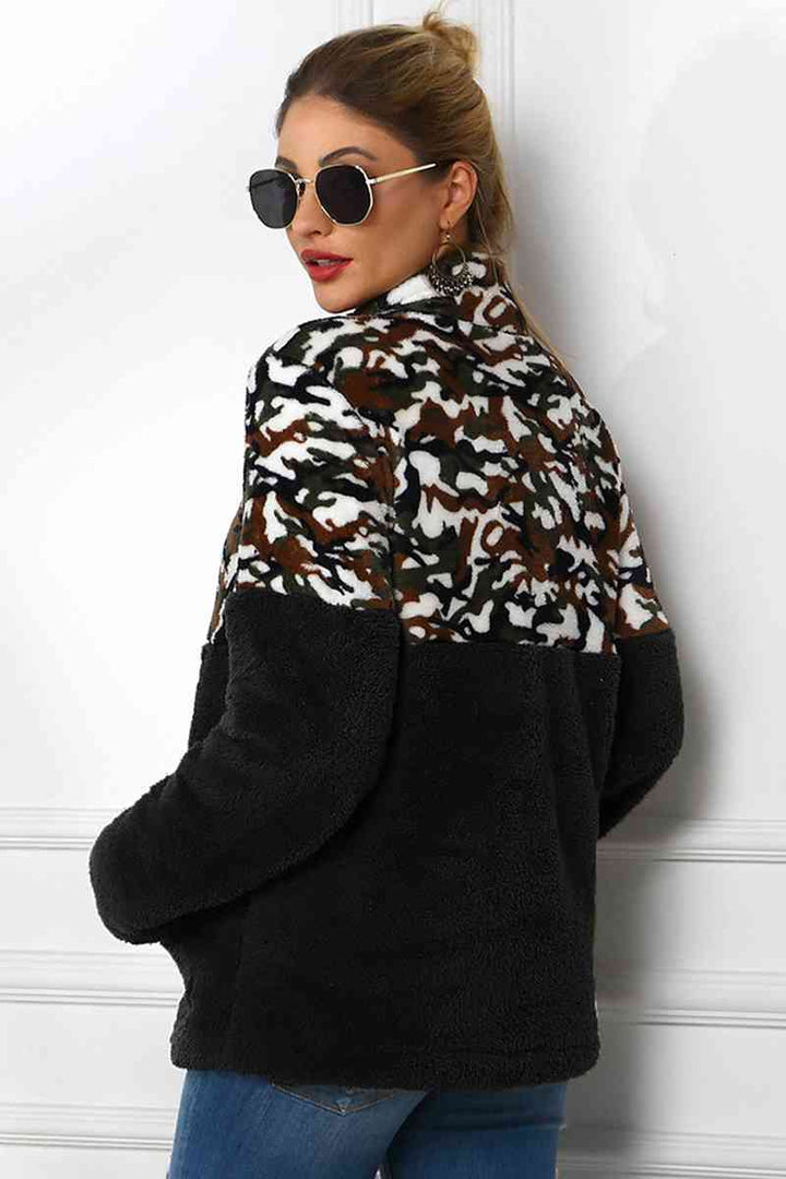 Camouflage Zip-Up Turtle Neck Dropped Shoulder Sweatshirt |1mrk.com