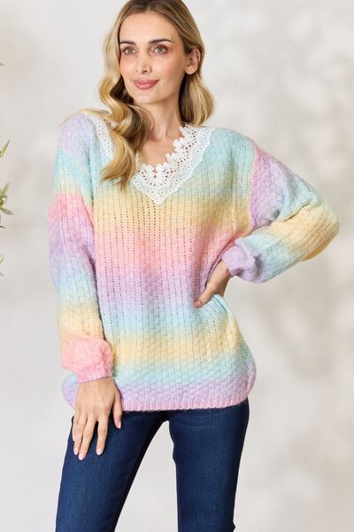 BiBi Rainbow Gradient Crochet Deetail Sweater |1mrk.com