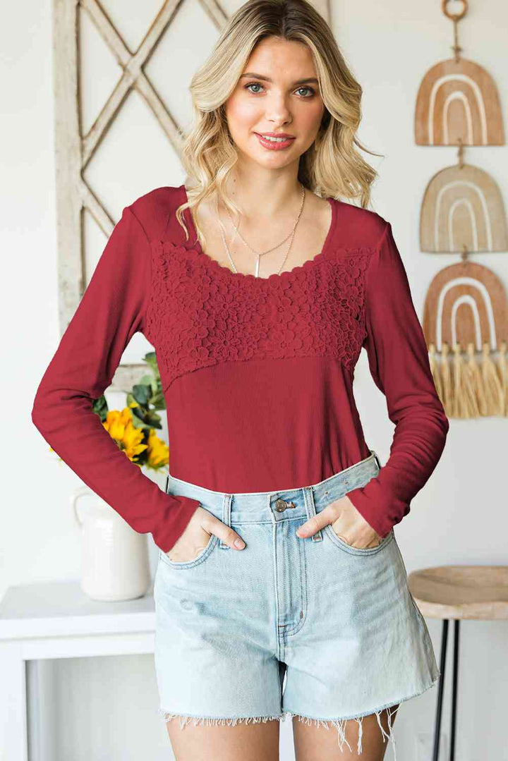 Double Take Lace Crochet Long Sleeve Top | 1mrk.com