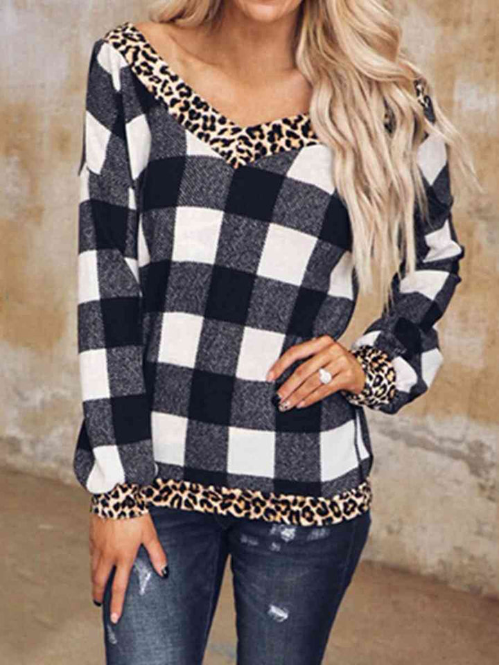 Plaid Leopard V-Neck Sweatshirt |1mrk.com