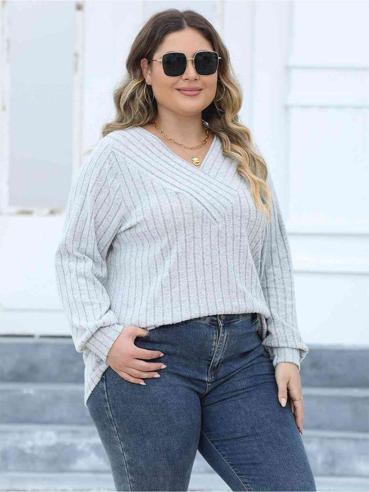 Plus Size Ribbed V-Neck Long Sleeve Top | 1mrk.com