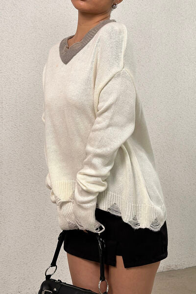 Distressed V-Neck Dropped Shoulder Sweater |1mrk.com