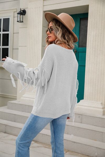 Fringe Round Neck Dropped Shoulder Sweater |1mrk.com