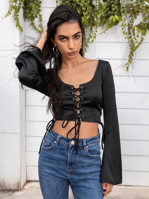 Flare Sleeve Lace Up Crop Top | 1mrk.com