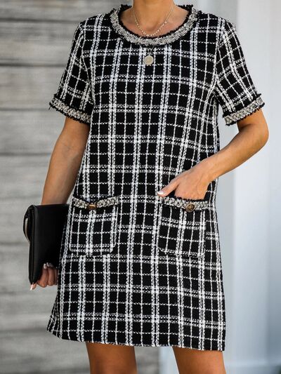 Pocketed Plaid Round Neck Short Sleeve Dress |1mrk.com