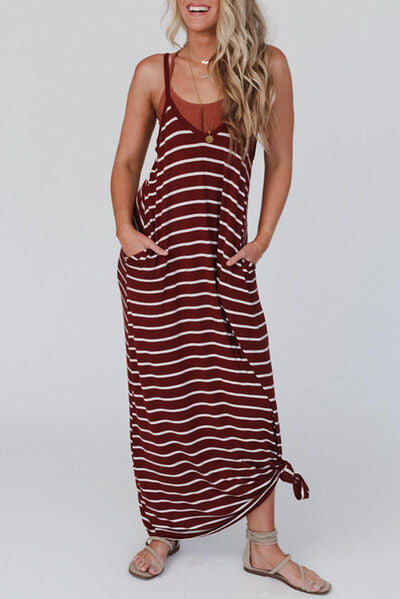 Pocketed Striped Scoop Neck Maxi Cami Dress |1mrk.com