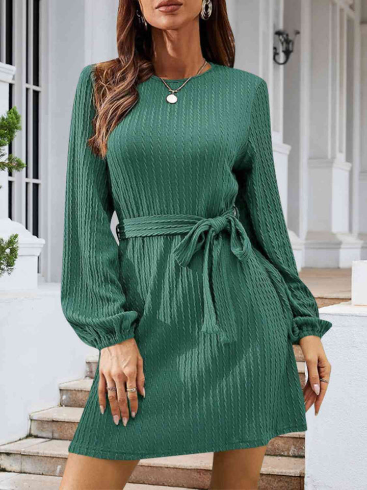 Round Neck Tie Front Long Sleeve Dress | 1mrk.com