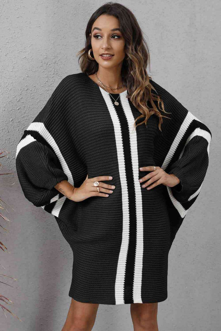 Ribbed Round Neck Long Sleeve Sweater Dress | 1mrk.com