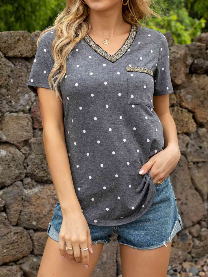 Glitter V-Neck Short Sleeve Tee Shirt | 1mrk.com