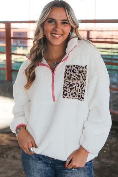 Half Zip Leopard Contrast Long Sleeve Sweatshirt |1mrk.com