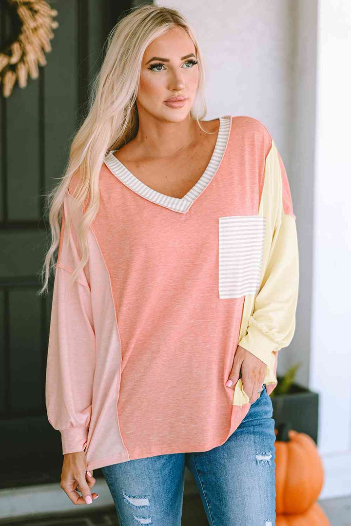 Color Block V-Neck Dropped Shoulder Sweatshirt with Pocket |1mrk.com