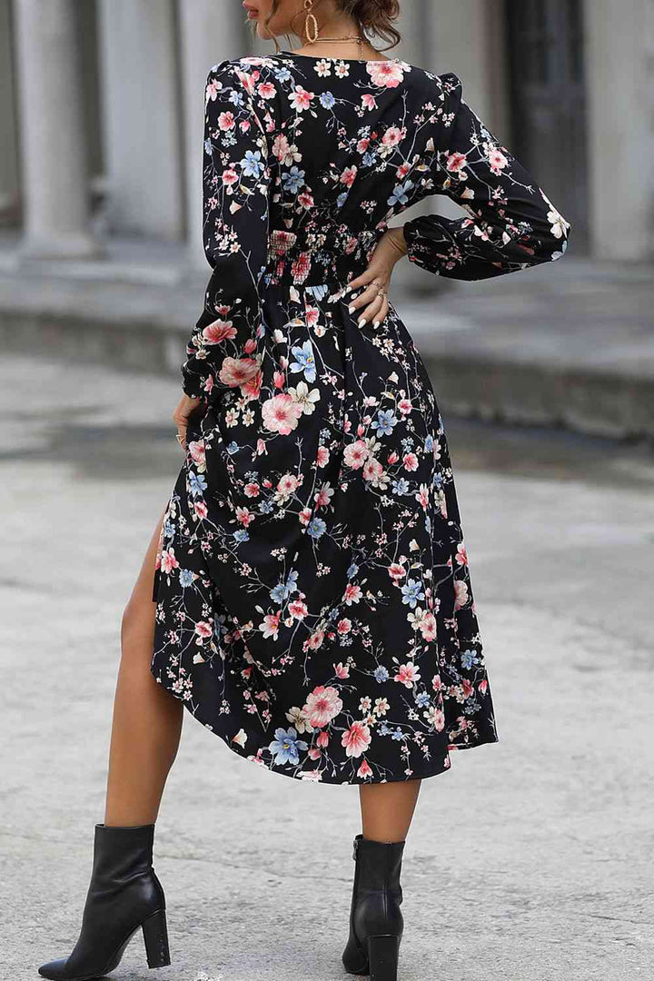 Floral Long Sleeve Surplice Neck Dress |1mrk.com