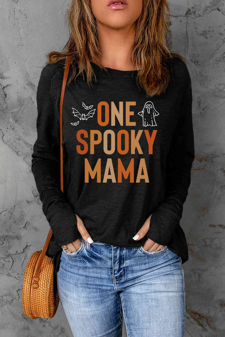 Round Neck Long Sleeve ONE SPOOKY MAMA Graphic T-Shirt | 1mrk.com