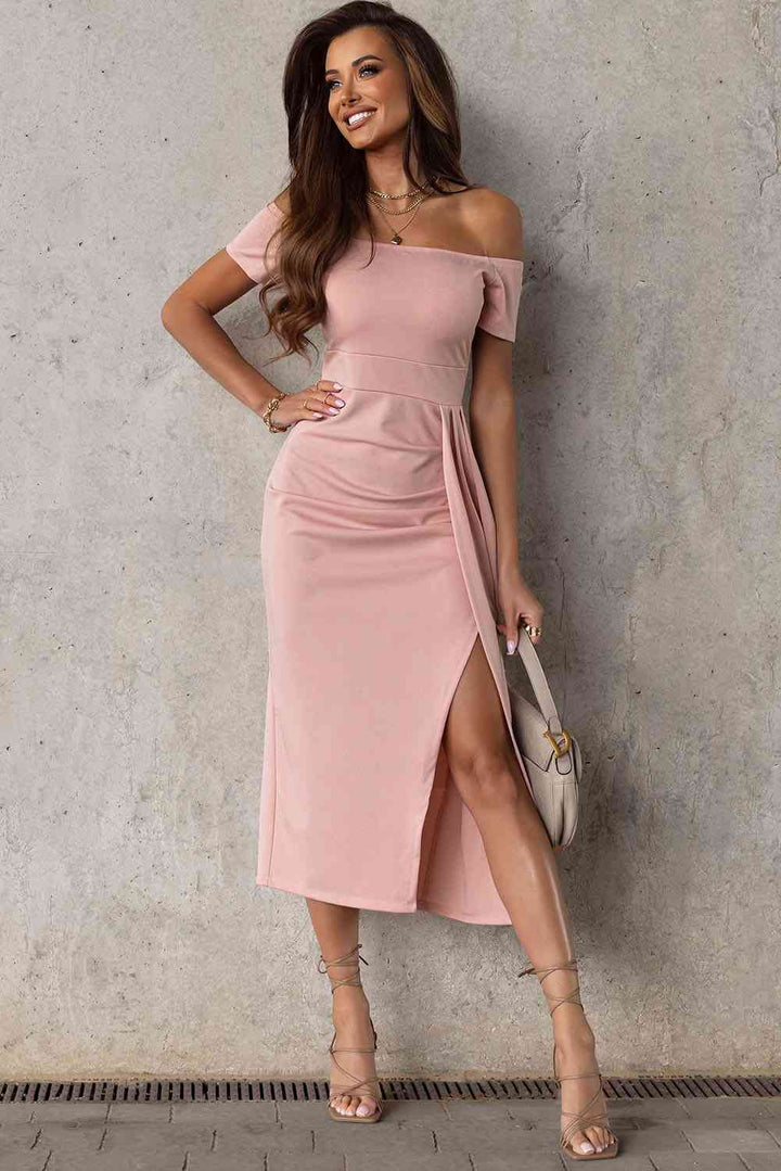 Off-Shoulder Short Sleeve Split Dress | 1mrk.com