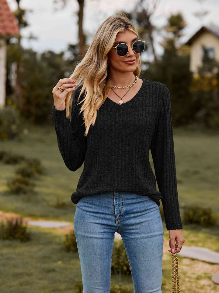 Ribbed V-Neck Long Sleeve Tee | 1mrk.com