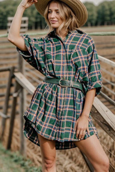 Plaid Button Up Collared Neck Shirt Dress |1mrk.com