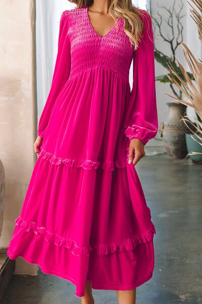 Frill V-Neck Balloon Sleeve Tiered Dress | 1mrk.com