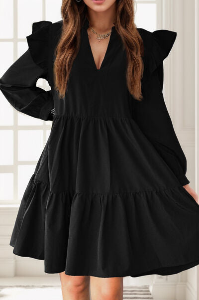 Ruffled V-Neck Long Sleeve Mini Dress |1mrk.com