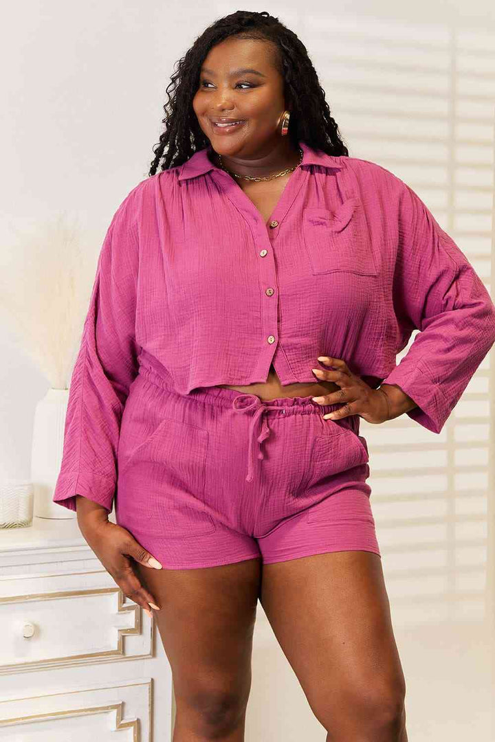 Basic Bae Buttoned Long Sleeve Top and Shorts Set | 1mrk.com