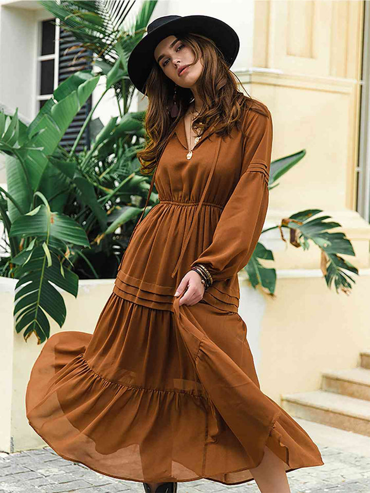 Tie Neck Long Sleeve Midi Tiered Dress | 1mrk.com