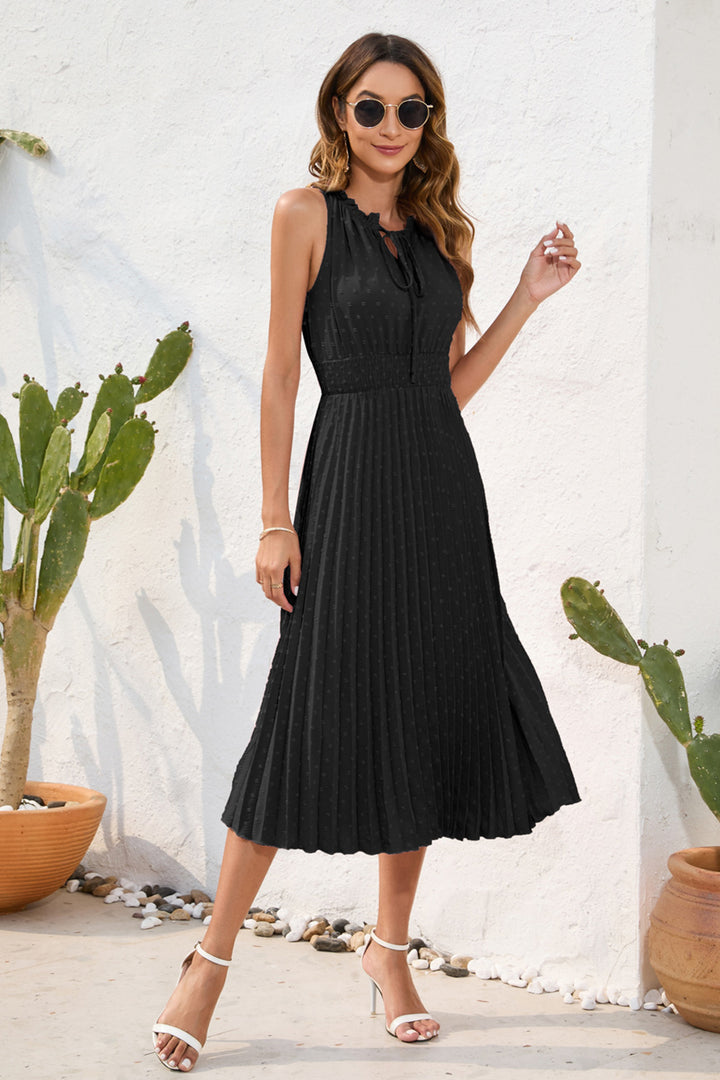 Swiss Dot Tie Neck Sleeveless Dress | Trendsi