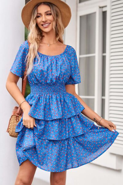 Floral Smocked Short Sleeve Layered Dress |1mrk.com