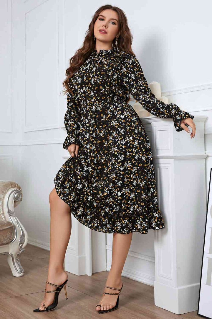 Melo Apparel Plus Size Floral Flounce Sleeve Midi Dress |1mrk.com