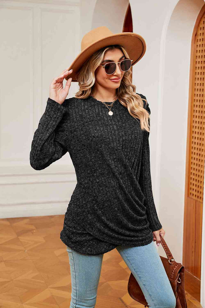 Long Sleeve Ribbed Twisted Top | 1mrk.com