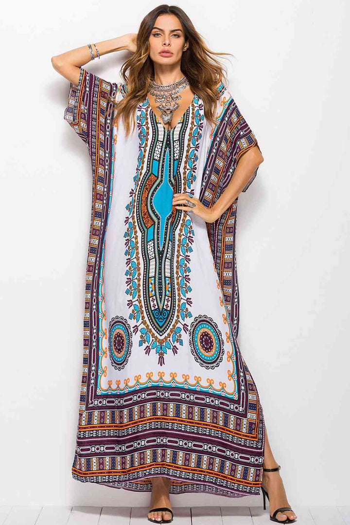 Printed V-Neck Side Slit Maxi Dress |1mrk.com