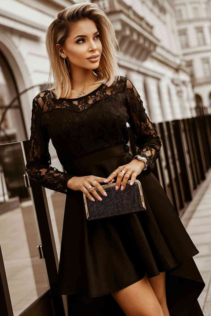 Spliced Lace High-Low Long Sleeve Dress |1mrk.com