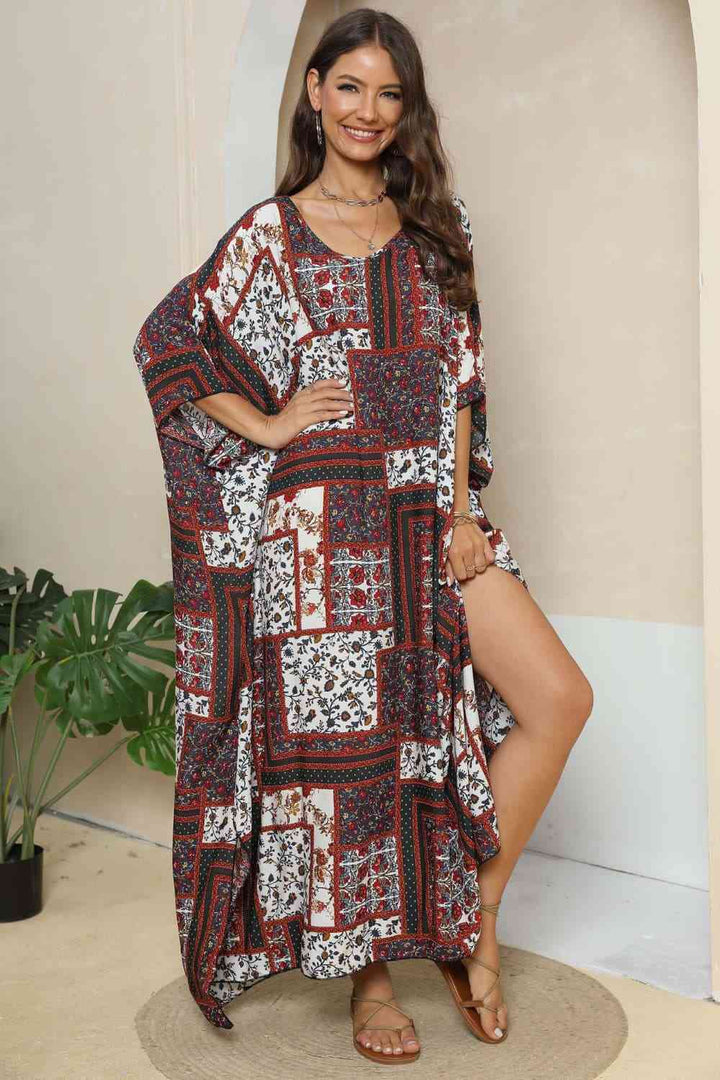 Printed V-Neck Split Maxi Dress |1mrk.com