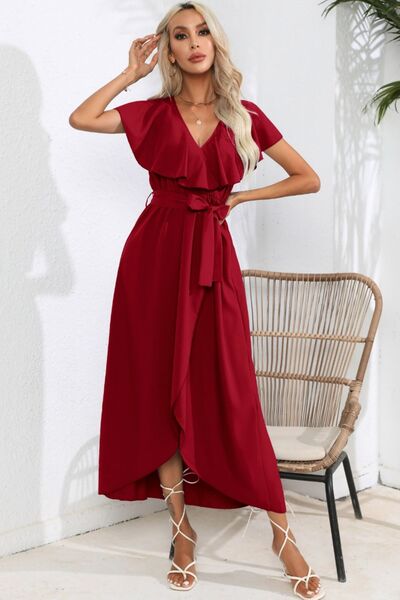 Ruffled Tied V-Neck Midi Dress |1mrk.com