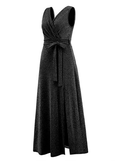 Slit Surplice Tie Waist Sleeveless Dress |1mrk.com