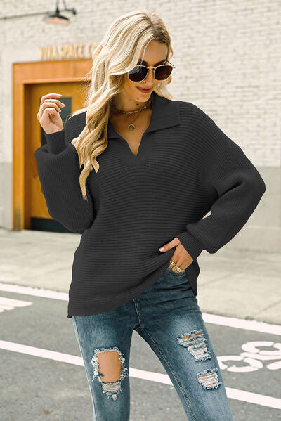 Ribbed Johnny Collar Pullover Sweater |1mrk.com