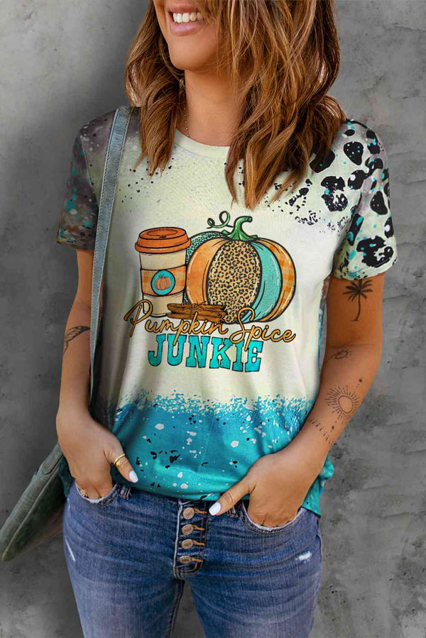 Printed PUMPKIN SPICE JUNKIE Graphic Round Neck Short Sleeve Tee | 1mrk.com