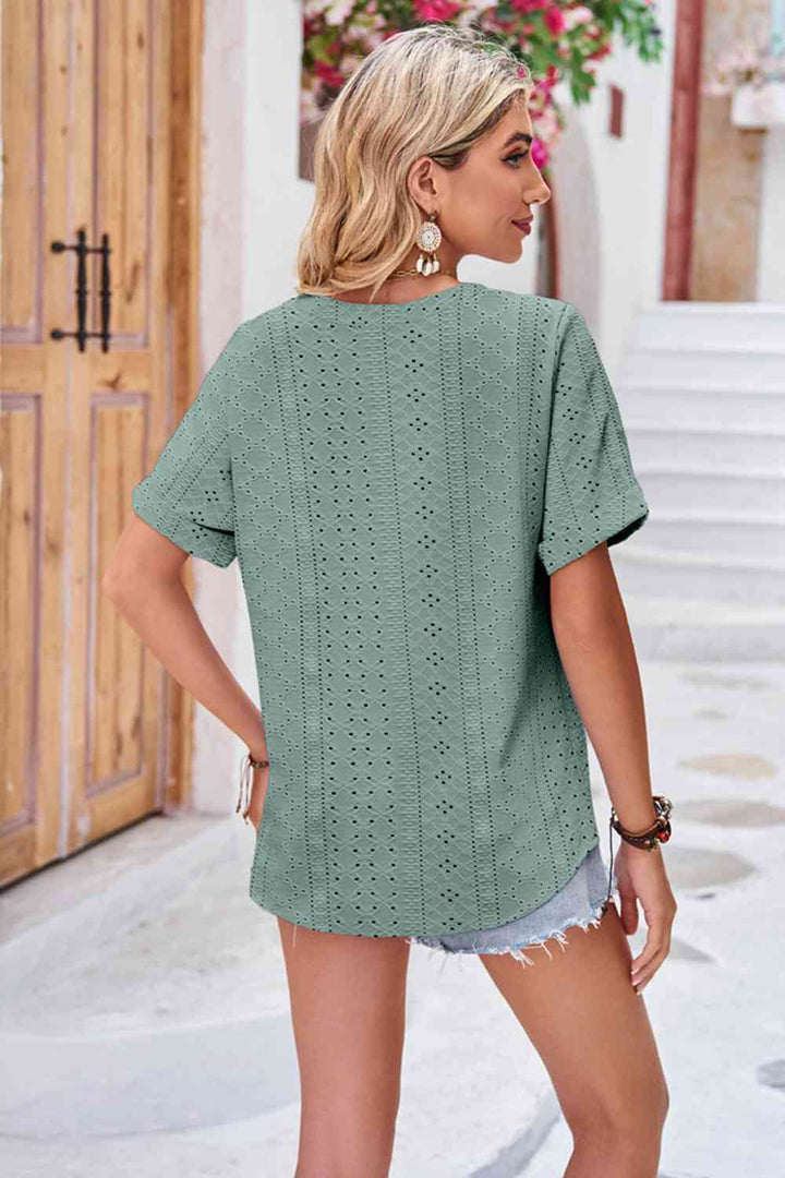 Buttoned Notched Neck Eyelet Top | 1mrk.com